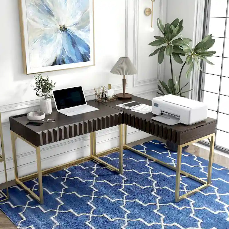 Bureau d'ordinateur d'angle à plateau relevable en métal Glam avec ports USB