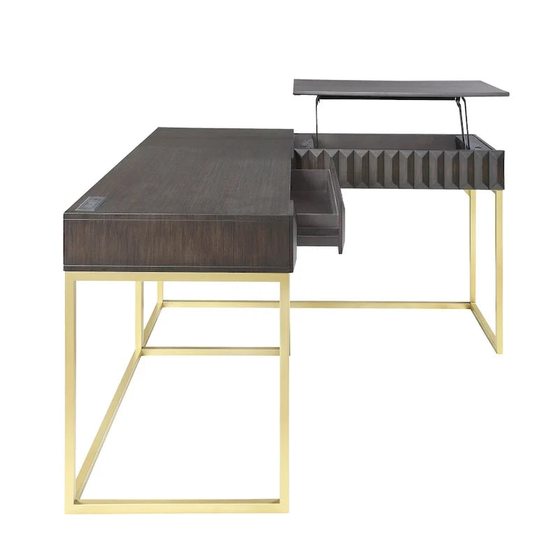 Bureau d'ordinateur d'angle à plateau relevable en métal Glam avec ports USB
