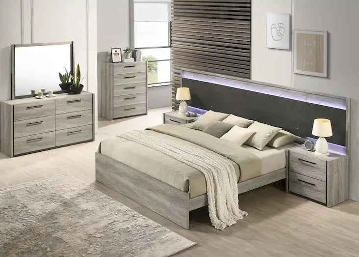 Roundhill Furniture Lenca LED Wallbed with Nightstands, Dresser, Mirror, and Chest - Weathered Gray