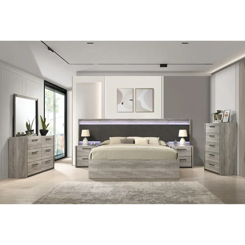 Lit escamotable mural à LED avec tables de chevet, commode, miroir et chiffonnier - Gris vieilli