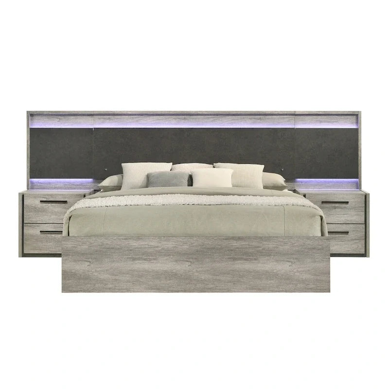Lit escamotable mural à LED avec tables de chevet, commode, miroir et chiffonnier - Gris vieilli