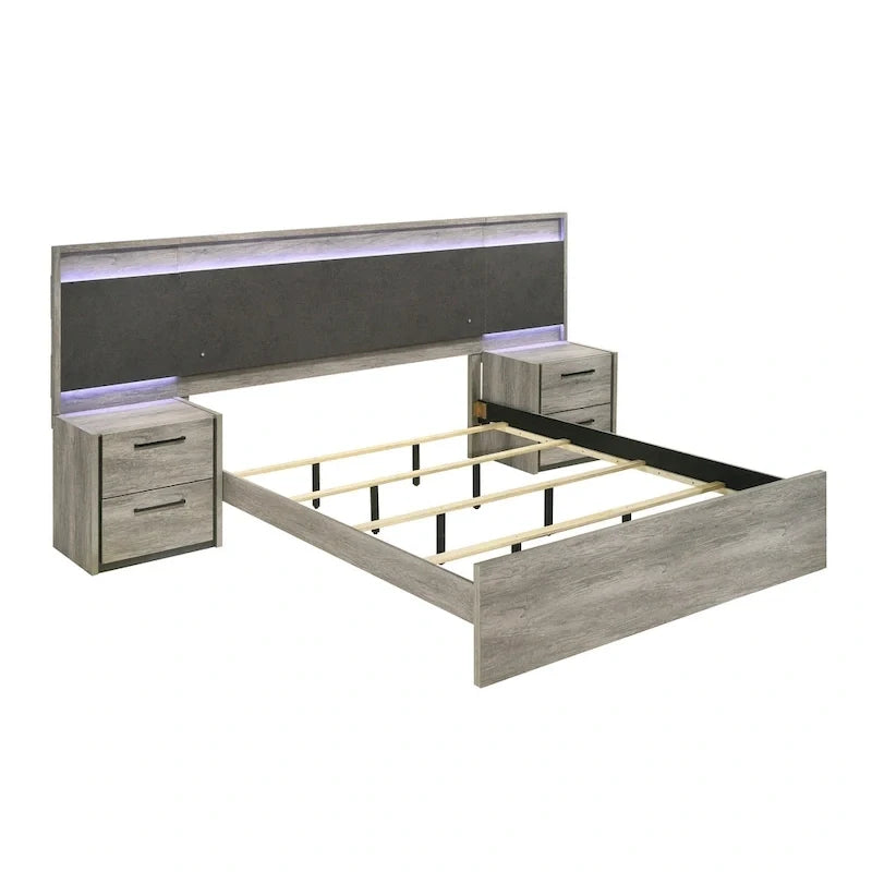 Lit escamotable mural à LED avec tables de chevet, commode, miroir et chiffonnier - Gris vieilli