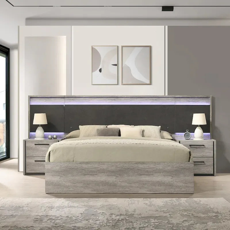 Lit escamotable mural à LED avec tables de chevet, commode, miroir et chiffonnier - Gris vieilli