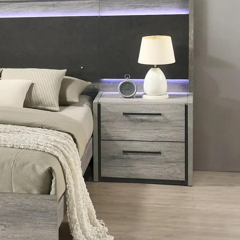 Lit escamotable mural à LED avec tables de chevet, commode, miroir et chiffonnier - Gris vieilli