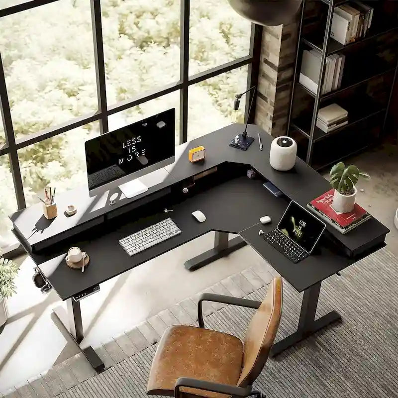 Bureau électrique assis-debout en L avec tiroirs et roulettes verrouillables