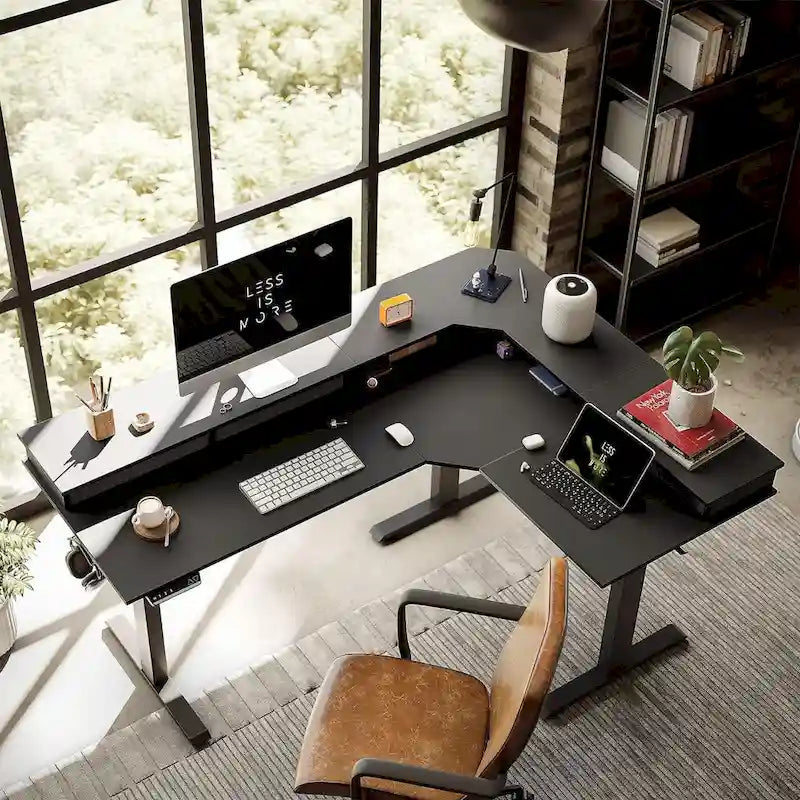 Bureau électrique assis-debout en L avec tiroirs et roulettes verrouillables