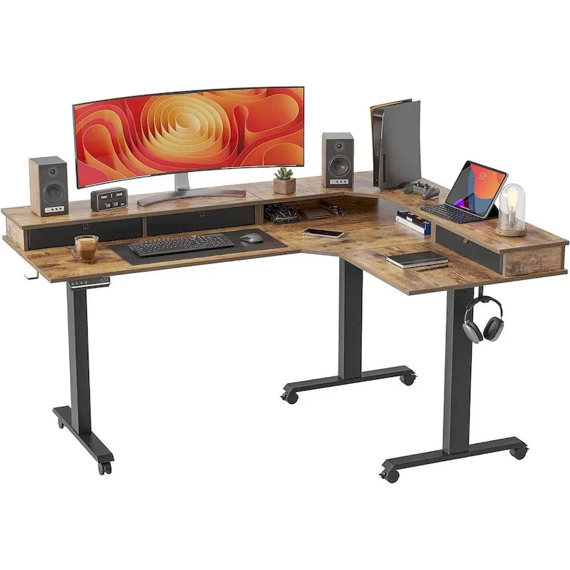 Bureau électrique assis-debout en L avec tiroirs et roulettes verrouillables