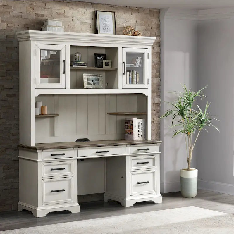 Crédence Drake Home Office 66 po, blanc rustique et chêne français