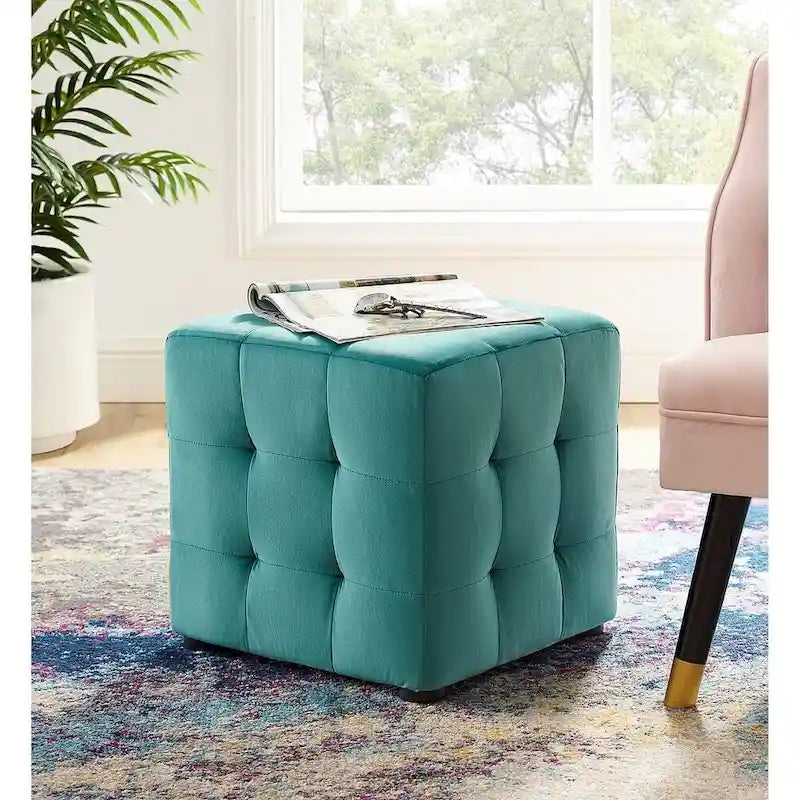 Harmony Teal Velvet Upholstered Tufted Cube Ottoman