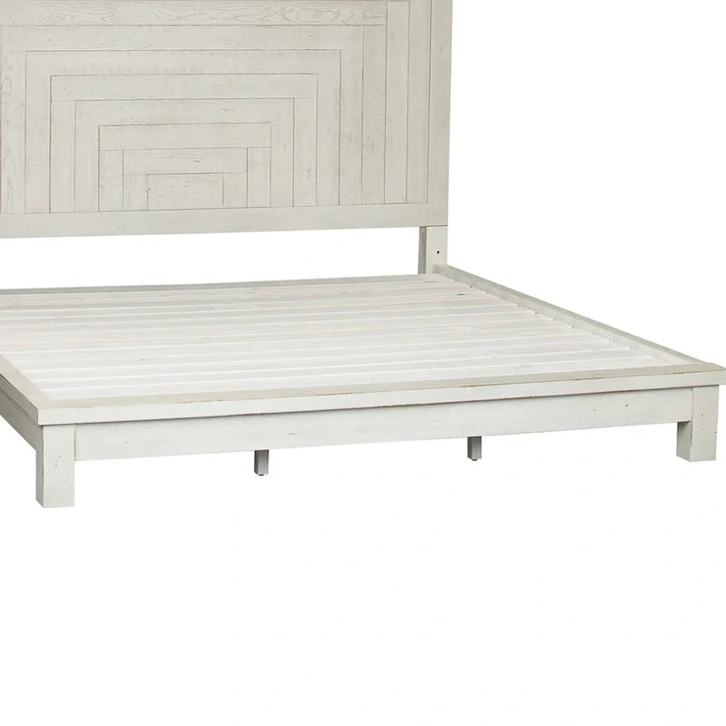 Lit plateforme Queen de style ferme moderne, blanc vieilli, de brocante