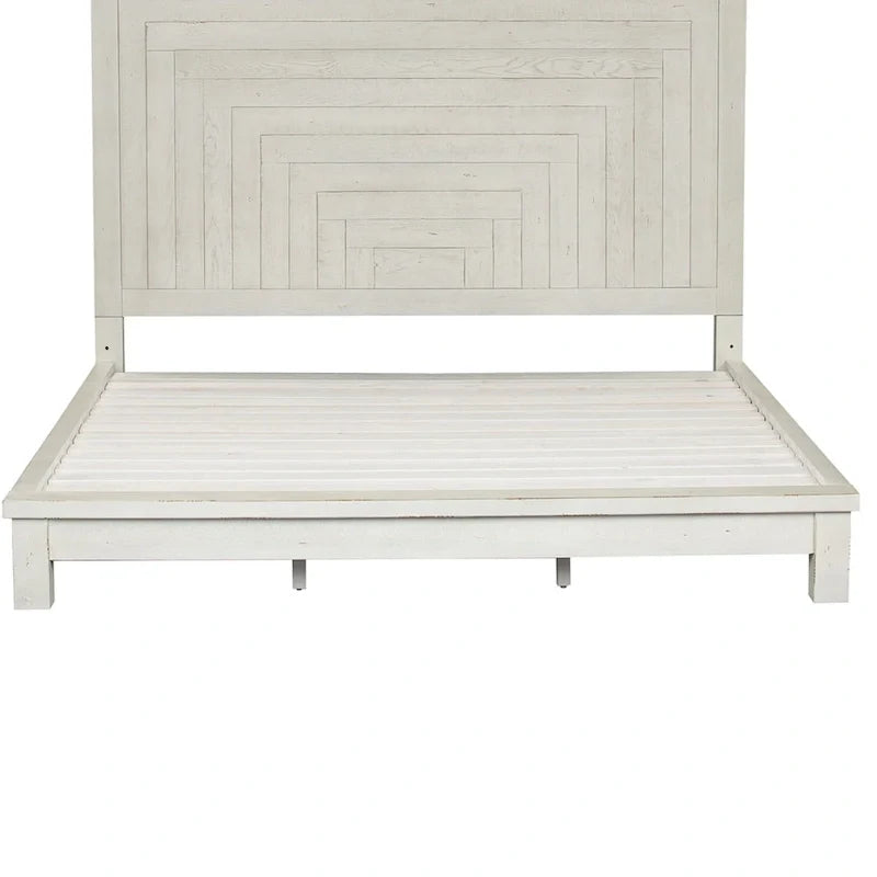 Lit plateforme Queen de style ferme moderne, blanc vieilli, de brocante