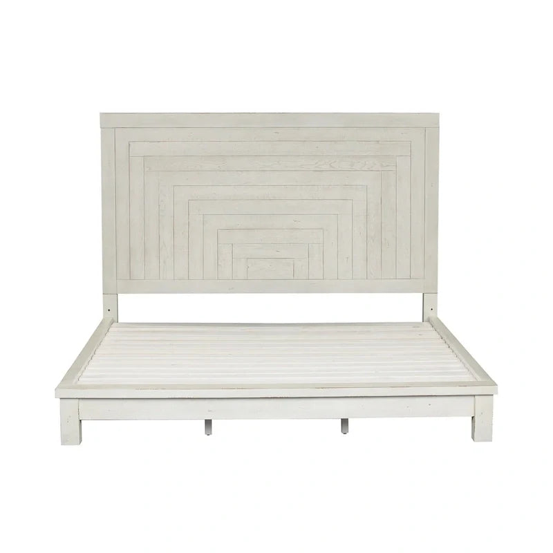 Lit plateforme Queen de style ferme moderne, blanc vieilli, de brocante