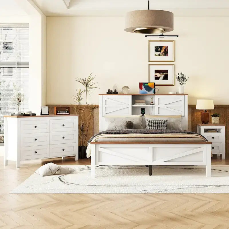 Ensembles de chambre à coucher 3 pièces Lit plateforme de ferme avec table de chevet et commode