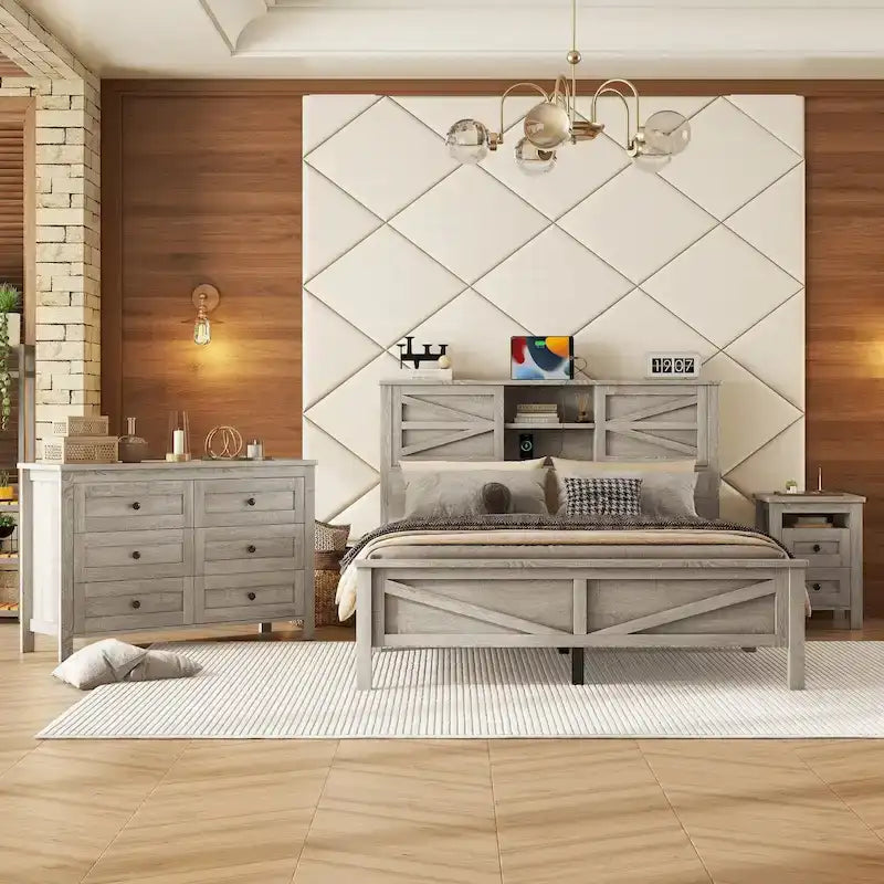 Ensembles de chambre à coucher 3 pièces Lit plateforme de ferme avec table de chevet et commode