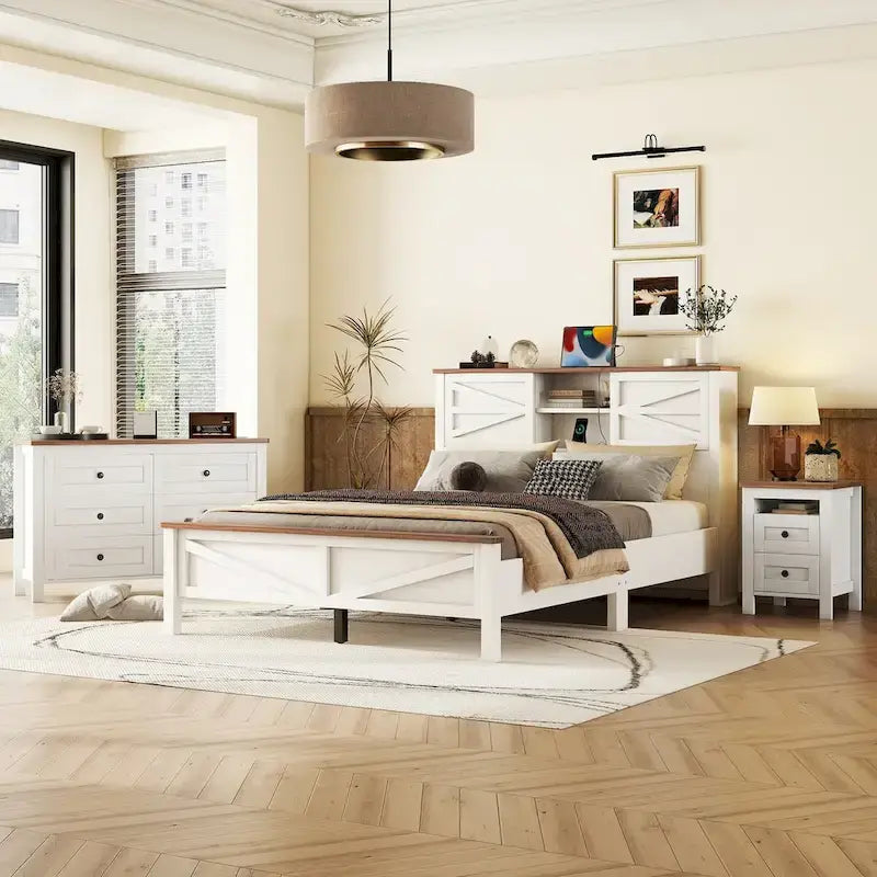 Ensembles de chambre à coucher 3 pièces Lit plateforme de ferme avec table de chevet et commode