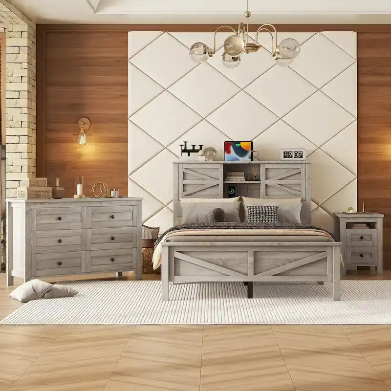 Ensembles de chambre à coucher 3 pièces Lit plateforme de ferme avec table de chevet et commode