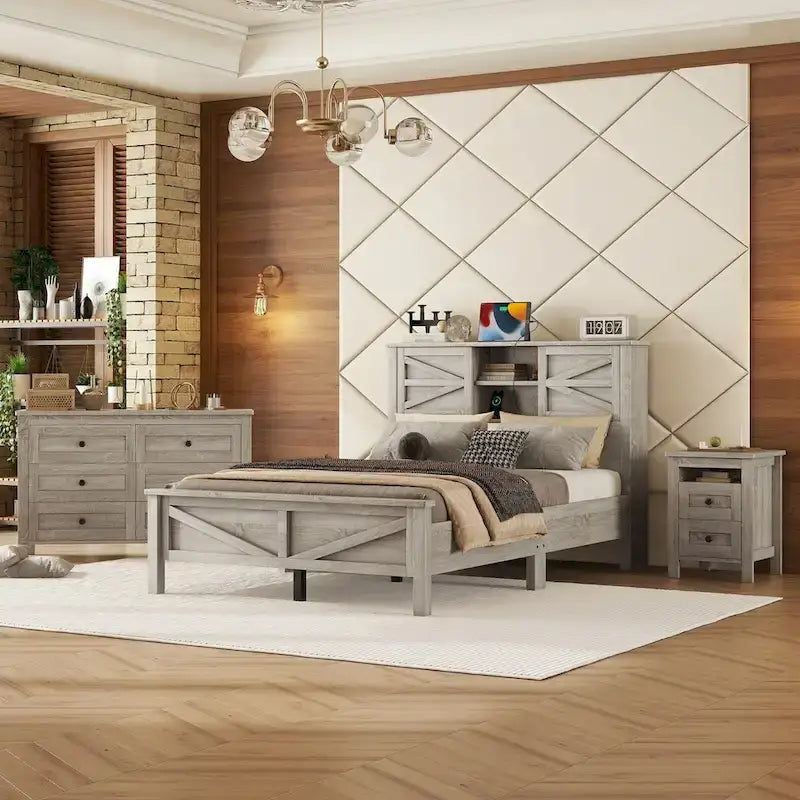 Ensembles de chambre à coucher 3 pièces Lit plateforme de ferme avec table de chevet et commode