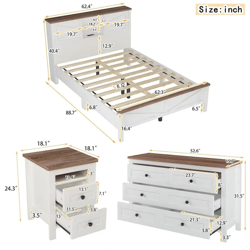 Ensembles de chambre à coucher 3 pièces Lit plateforme de ferme avec table de chevet et commode