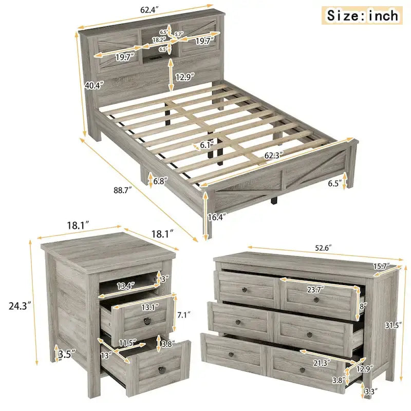 Ensembles de chambre à coucher 3 pièces Lit plateforme de ferme avec table de chevet et commode