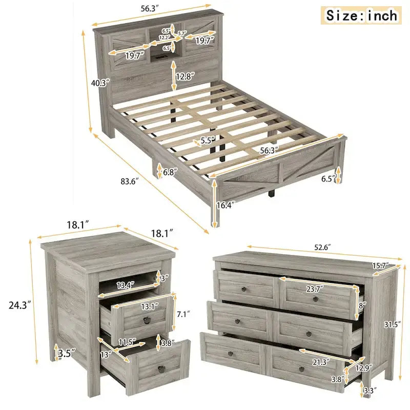 Ensembles de chambre à coucher 3 pièces Lit plateforme de ferme avec table de chevet et commode
