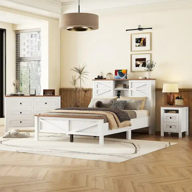 Ensembles de chambre à coucher 3 pièces Lit plateforme de ferme avec table de chevet et commode