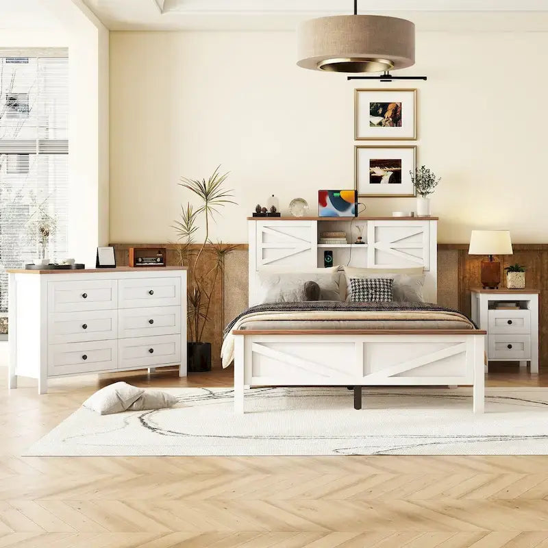 Ensembles de chambre à coucher 3 pièces Lit plateforme de ferme avec table de chevet et commode