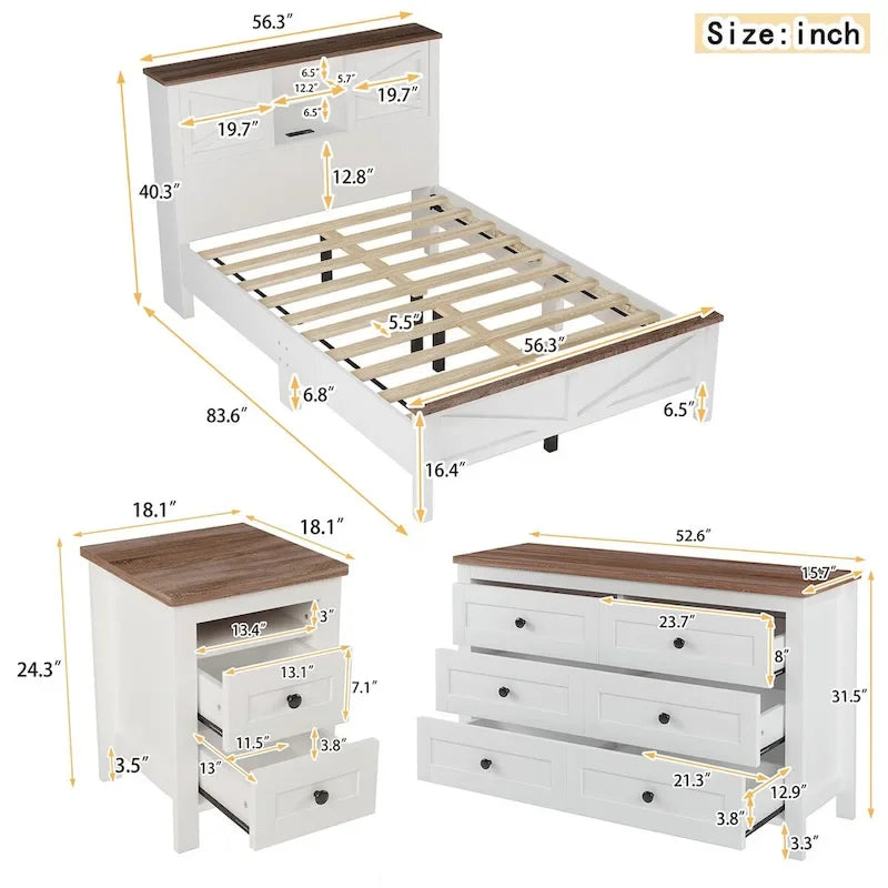 Ensembles de chambre à coucher 3 pièces Lit plateforme de ferme avec table de chevet et commode