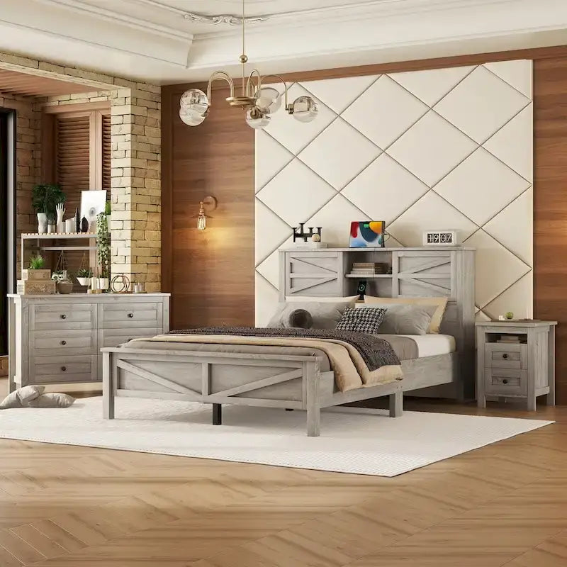 Ensembles de chambre à coucher 3 pièces Lit plateforme de ferme avec table de chevet et commode