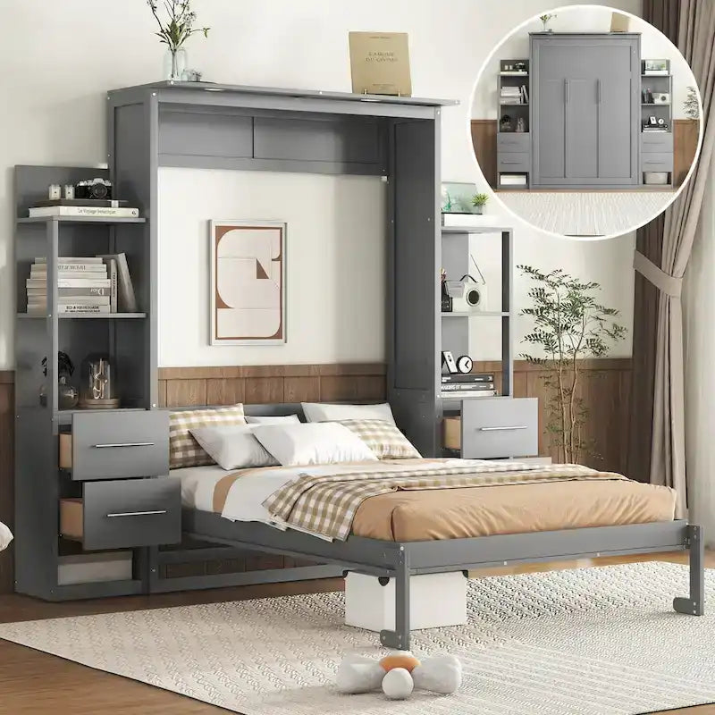 Full Size Murphy Wall Bed Frame with Shelves,Drawers and LED Lights,for Girls Boys Teens,No Box Spring Needed