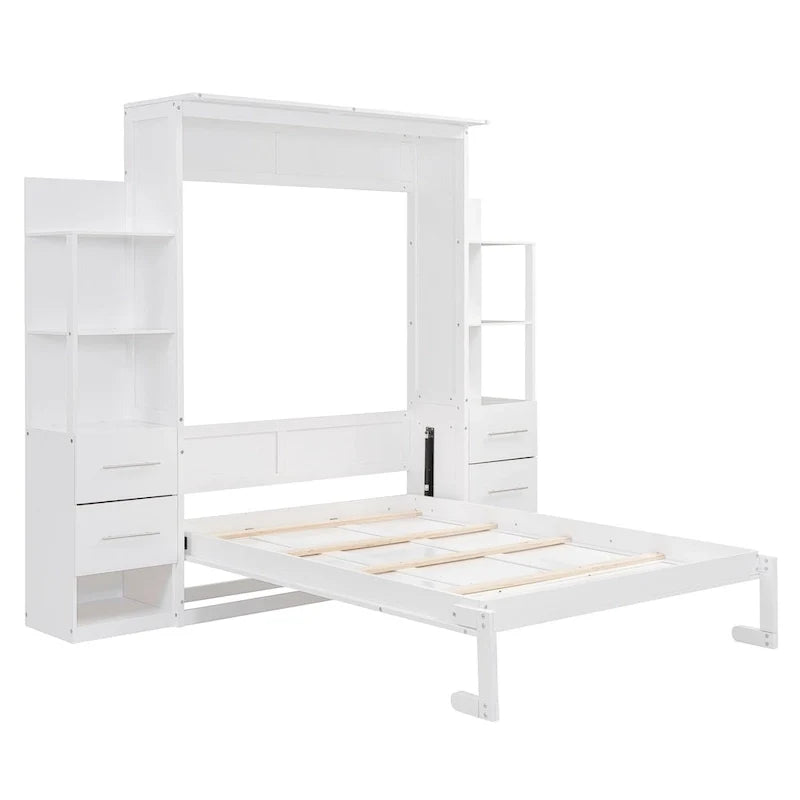 Lit Mural Escamotable Grand Format avec Étagères, Tiroirs et Lumières LED, pour Filles, Garçons, Adolescents, Pas de Sommier Tapissier Requis