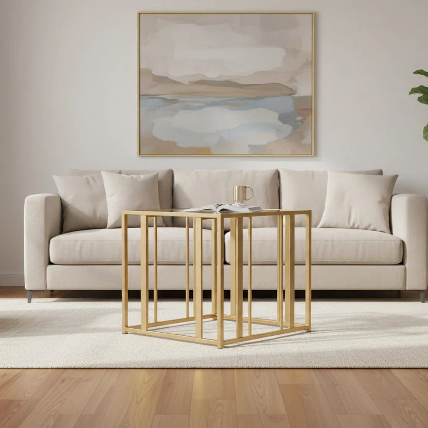 Glass Top End Table with Metal Tubular Base, Brass