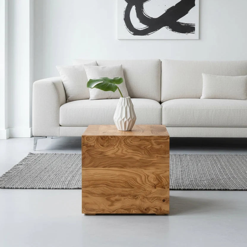 Macari Modern Natural Burl Wood Side Table - 18W x 18D x 16H