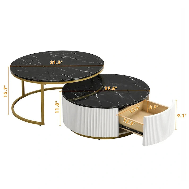 Table basse gigogne ronde moderne cannelée avec tiroir