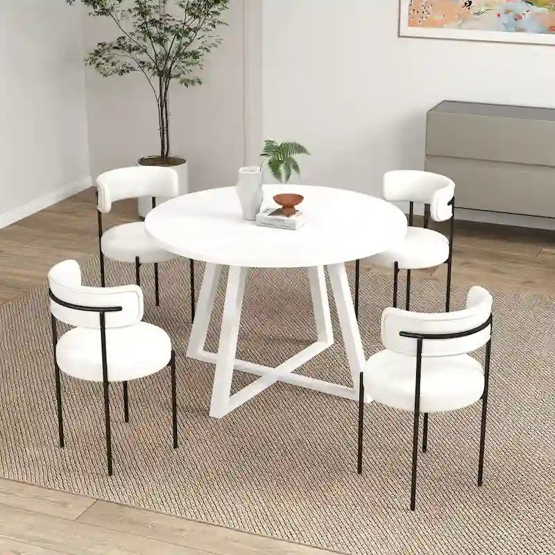 5-Piece Round Dining Set, Trestle Dining Table with 4 Boucle Chairs
