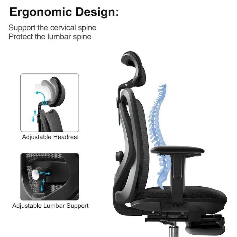 Chaise de bureau ergonomique avec repose-pieds, chaise à dossier haut pour grandes et fortes corpulences, noir - 68*70*130