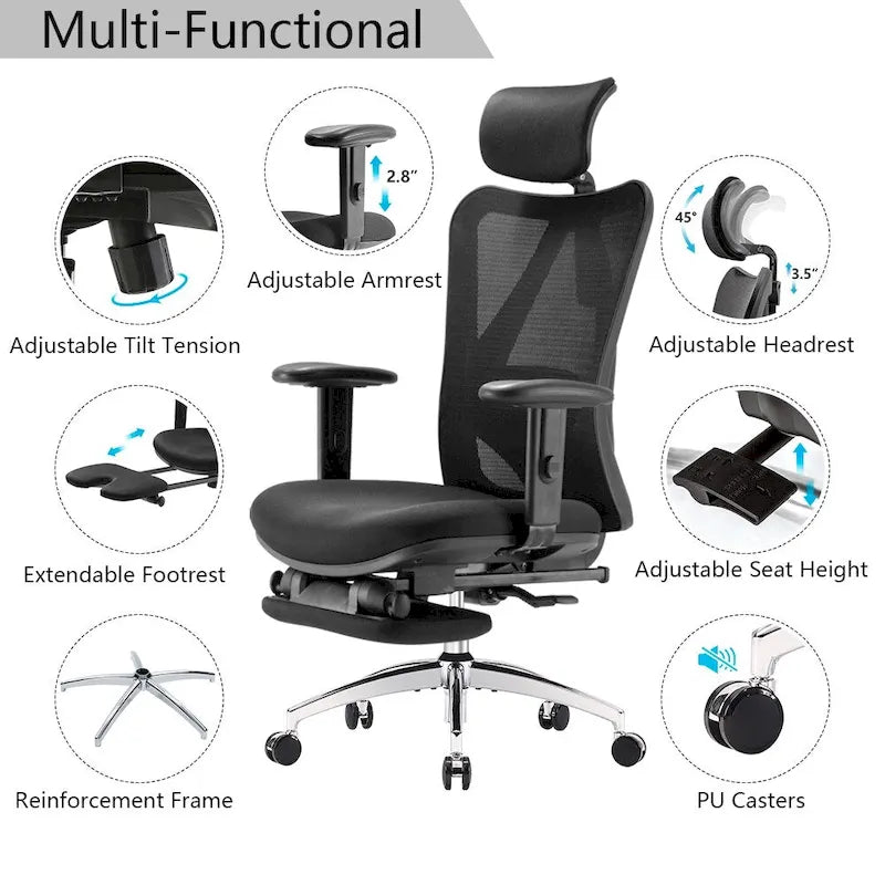 Chaise de bureau ergonomique avec repose-pieds, chaise à dossier haut pour grandes et fortes corpulences, noir - 68*70*130