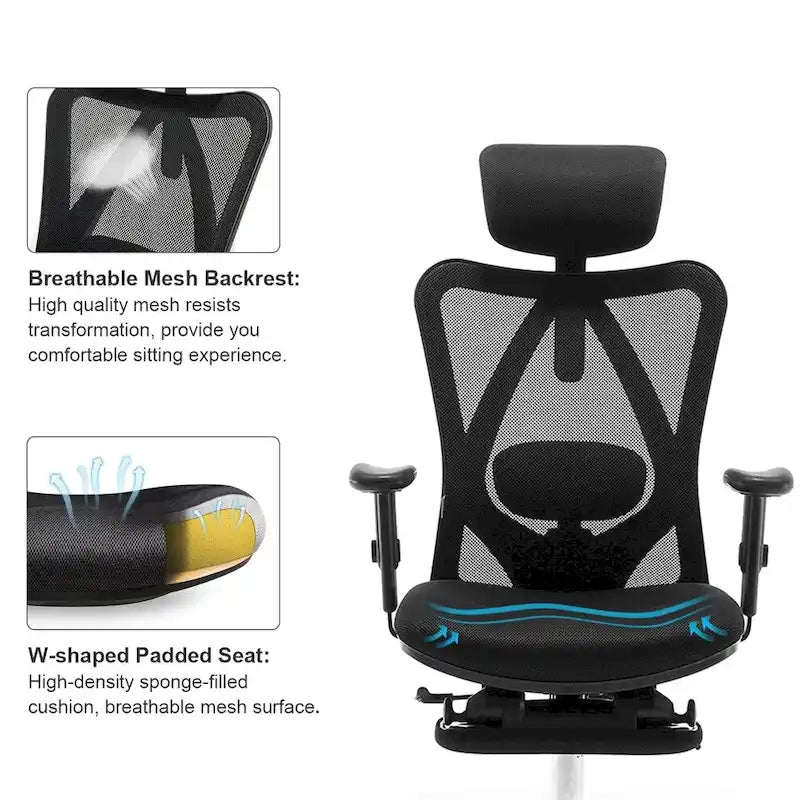 Chaise de bureau ergonomique avec repose-pieds, chaise à dossier haut pour grandes et fortes corpulences, noir - 68*70*130