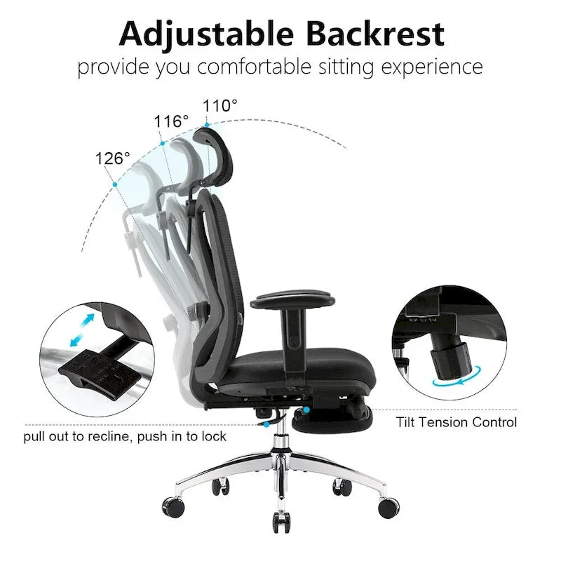 Chaise de bureau ergonomique avec repose-pieds, chaise à dossier haut pour grandes et fortes corpulences, noir - 68*70*130