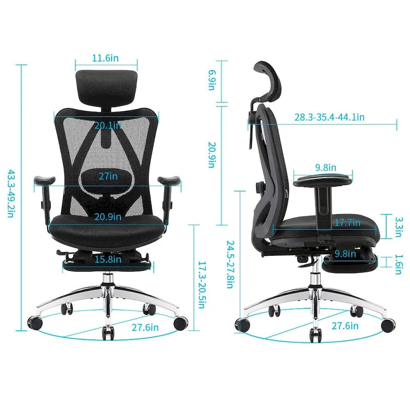 Chaise de bureau ergonomique avec repose-pieds, chaise à dossier haut pour grandes et fortes corpulences, noir - 68*70*130
