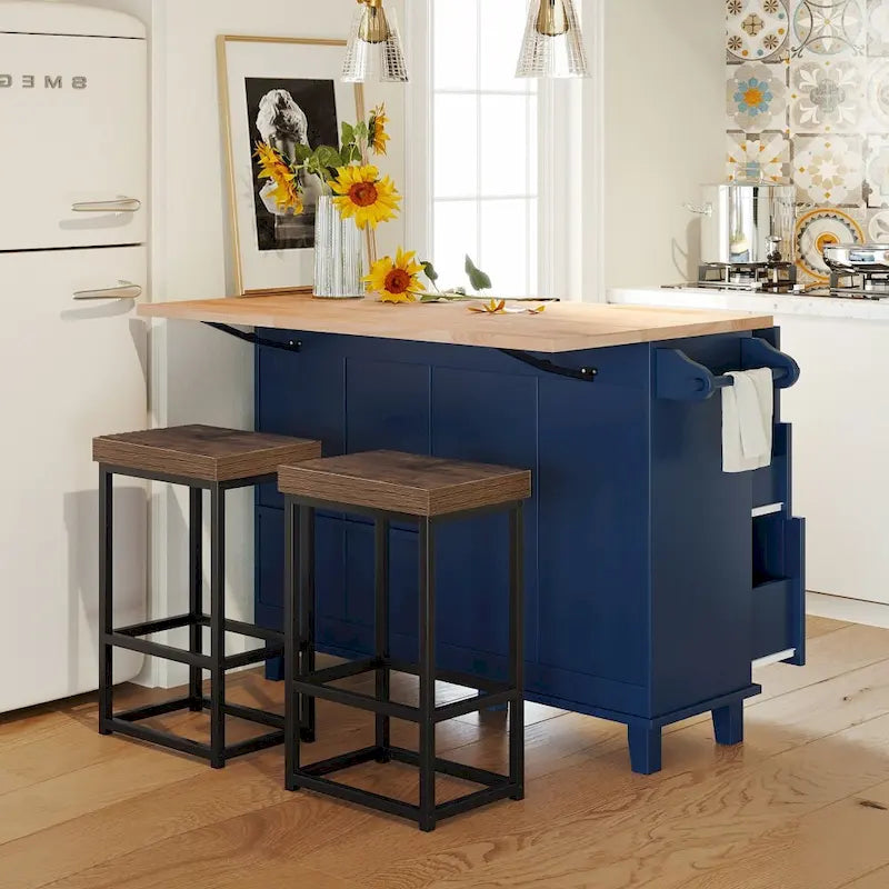 Ensemble îlot de cuisine de style campagnard avec plateau à abattant et 2 tabourets