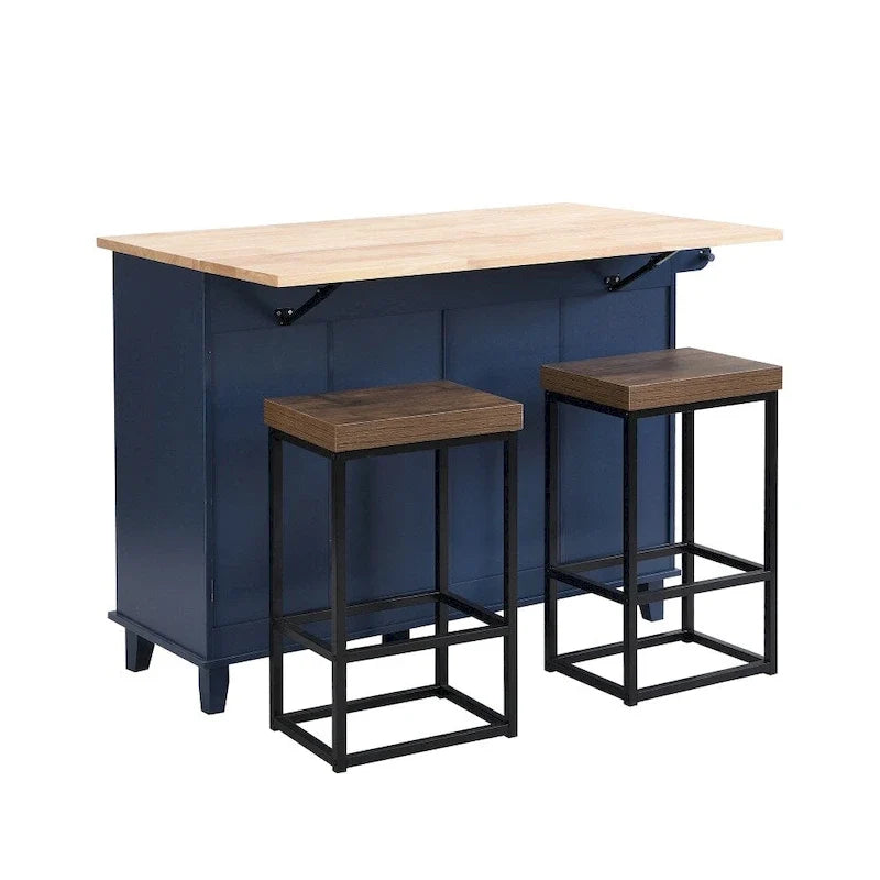 Ensemble îlot de cuisine de style campagnard avec plateau à abattant et 2 tabourets