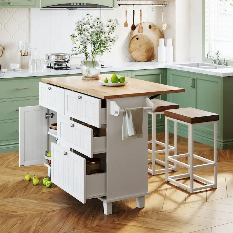 Ensemble îlot de cuisine de style campagnard avec plateau à abattant et 2 tabourets