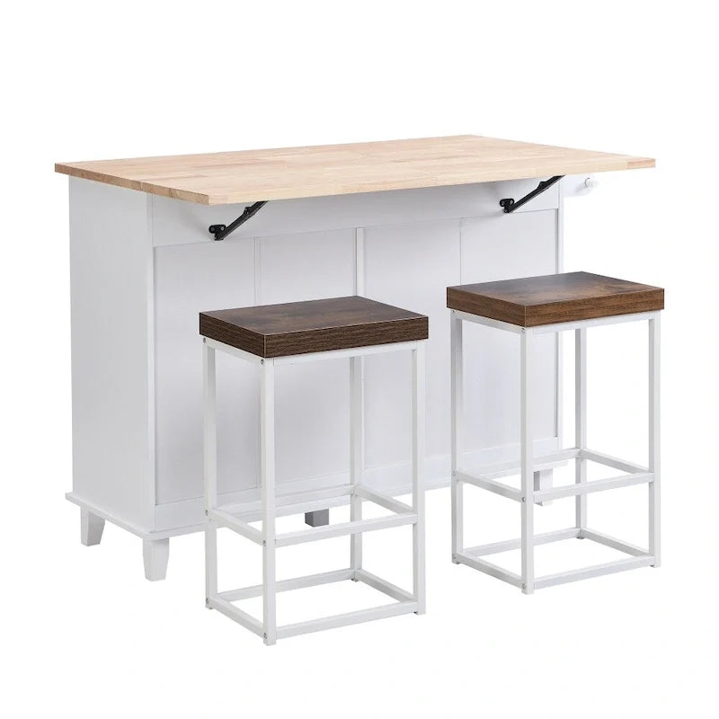 Ensemble îlot de cuisine de style campagnard avec plateau à abattant et 2 tabourets