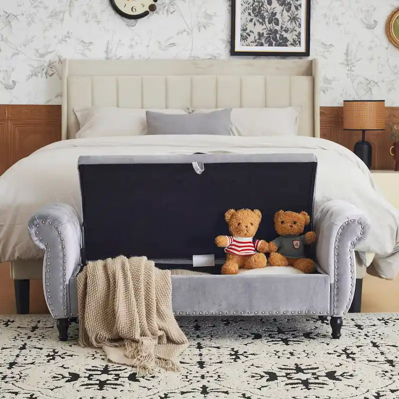 Banc ottoman de rangement multifonctionnel en velours traditionnel avec coussin