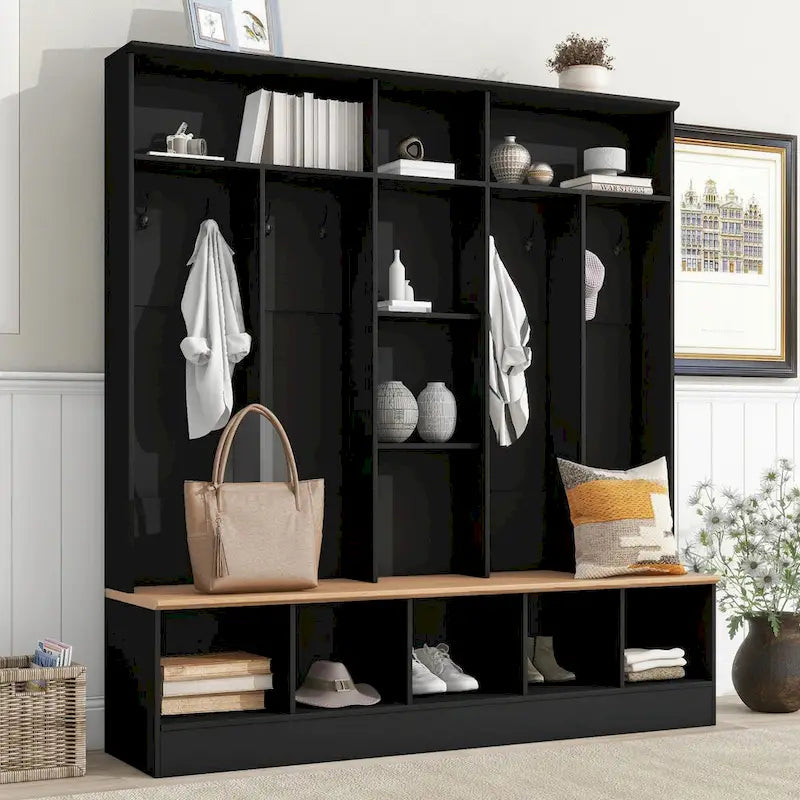 Wide Hall Tree with Storage Bench - Minimalist Shoe Cabinet, Cube Storage, 8 Hooks