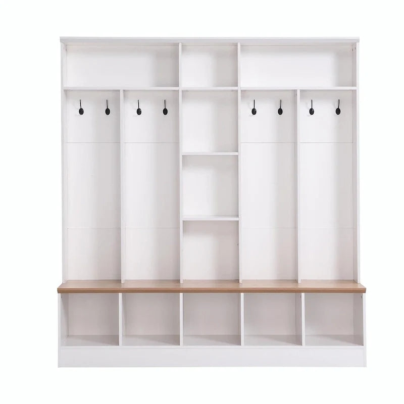 Meuble d'entrée large avec banc de rangement - Meuble à chaussures minimaliste, rangements cubiques, 8 crochets