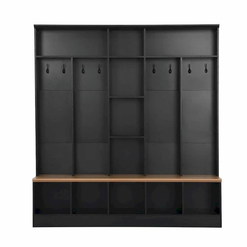 Meuble d'entrée large avec banc de rangement - Meuble à chaussures minimaliste, rangements cubiques, 8 crochets