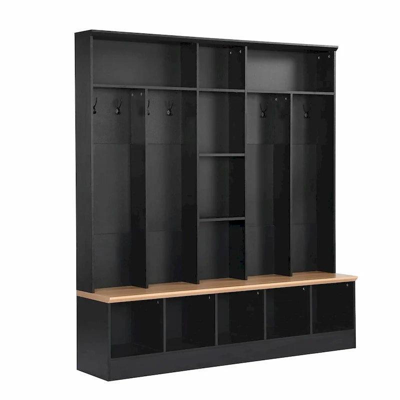 Meuble d'entrée large avec banc de rangement - Meuble à chaussures minimaliste, rangements cubiques, 8 crochets
