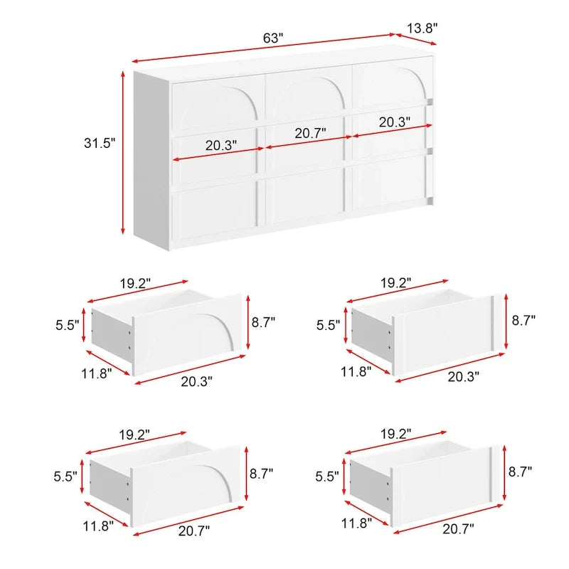 Commode blanche à 9 tiroirs au design moderne et dotée de dispositifs de sécurité